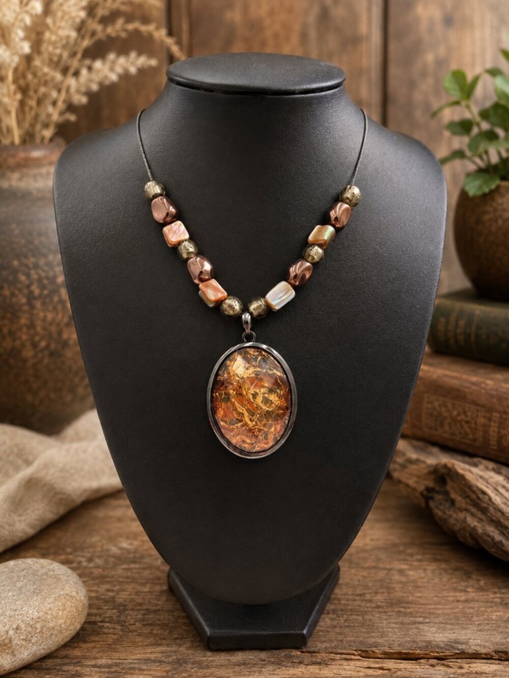 Faux Amber & Stone Beaded Necklace With Oval Pendant & Lobster Clasp